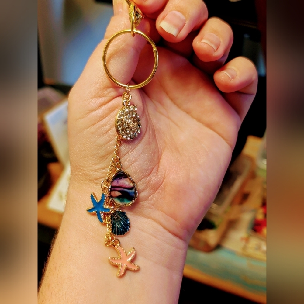 Gold and Blue Beachy Seashell Charm Keychain